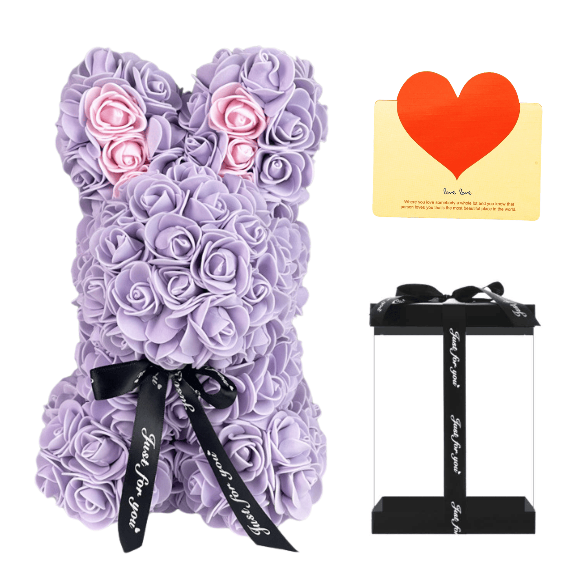Light Purple floral bunny with roses, white accents, ribbon, and a love card, ideal for Easter, gifting to girlfriends, wives, and for anniversaries or special occasions