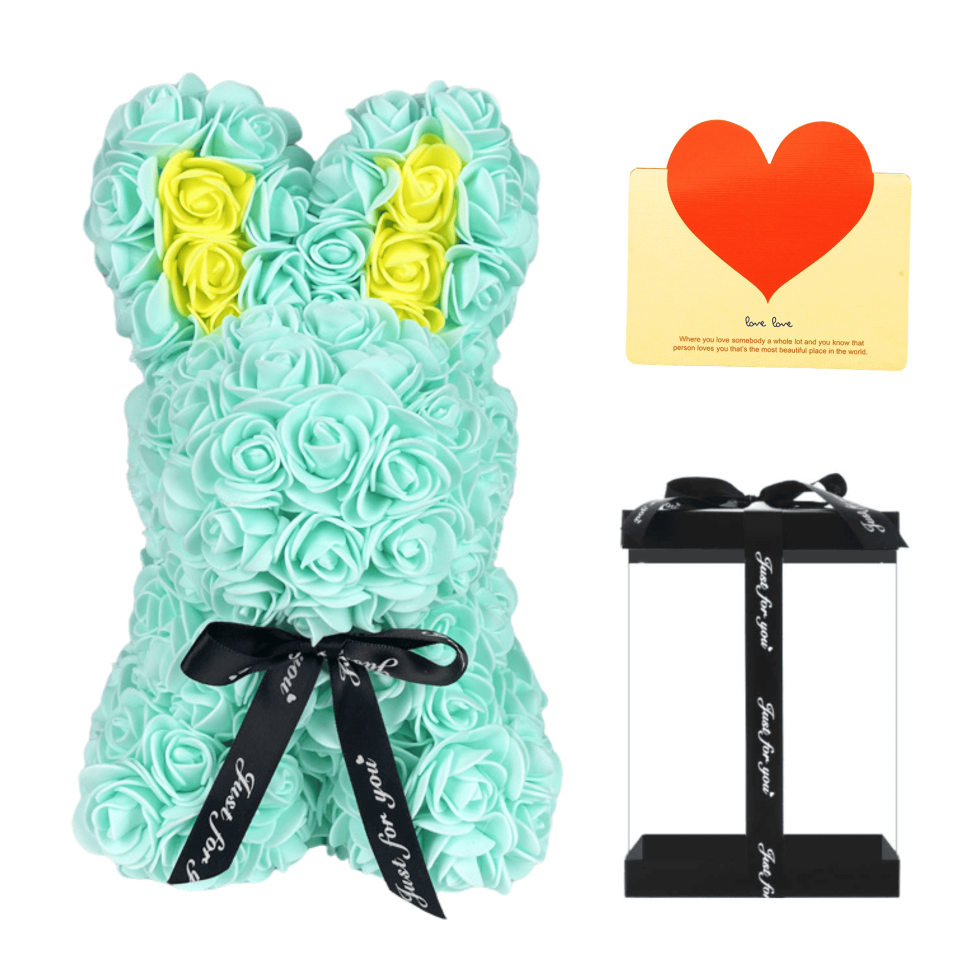 Light Tiffany floral bunny with roses, white accents, ribbon, and a love card, ideal for Easter, gifting to girlfriends, wives, and for anniversaries or special occasions