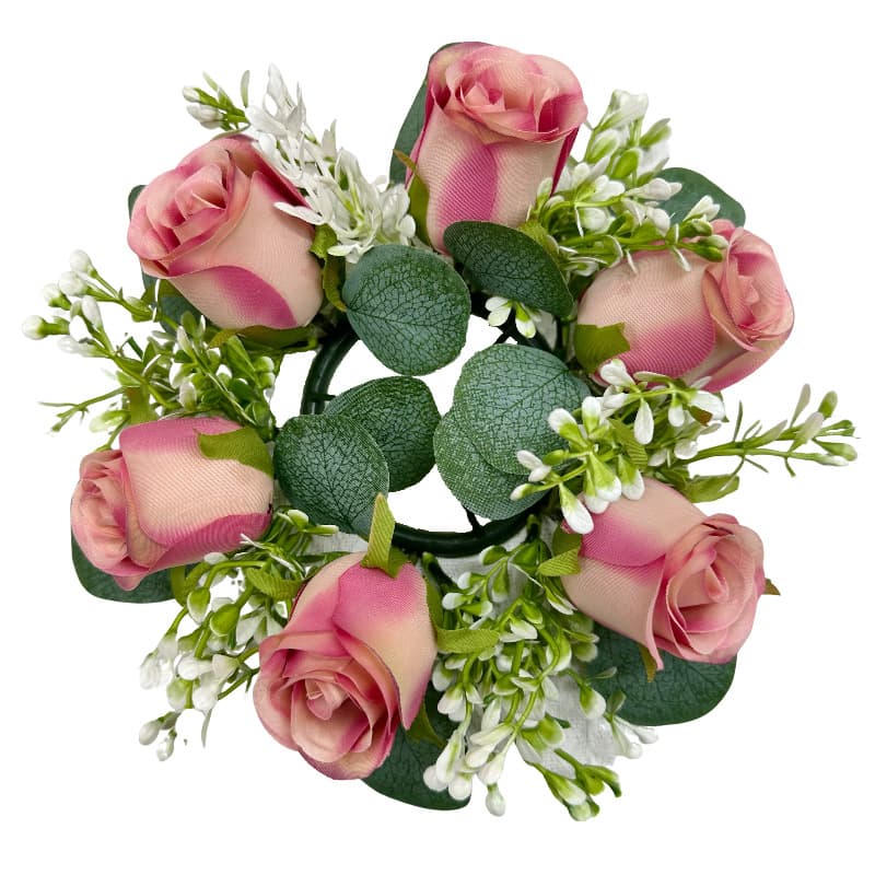 Artificial rose and greenery candle wreath centerpiece, enhancing table settings with its natural-looking floral design.