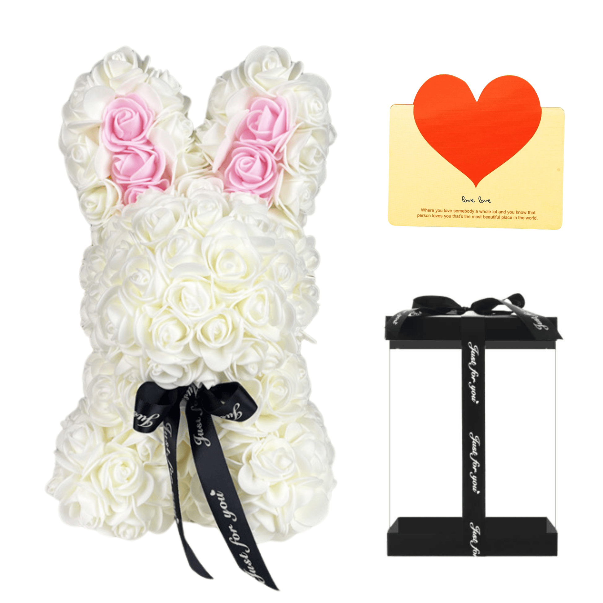 Milk White floral bunny with roses, white accents, ribbon, and a love card, ideal for Easter, gifting to girlfriends, wives, and for anniversaries or special occasions