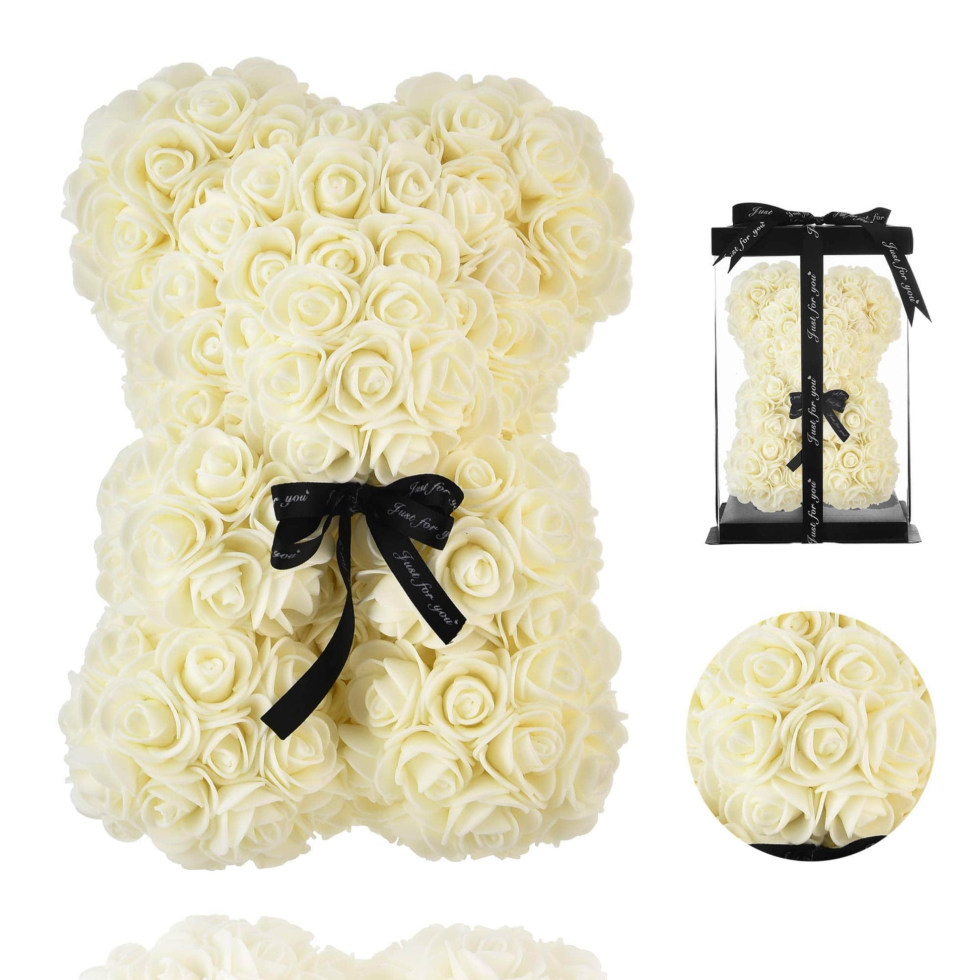 Artificial red rose teddy bear in elegant display box, perfect for gifting on Valentine's Day, weddings, or other romantic events.