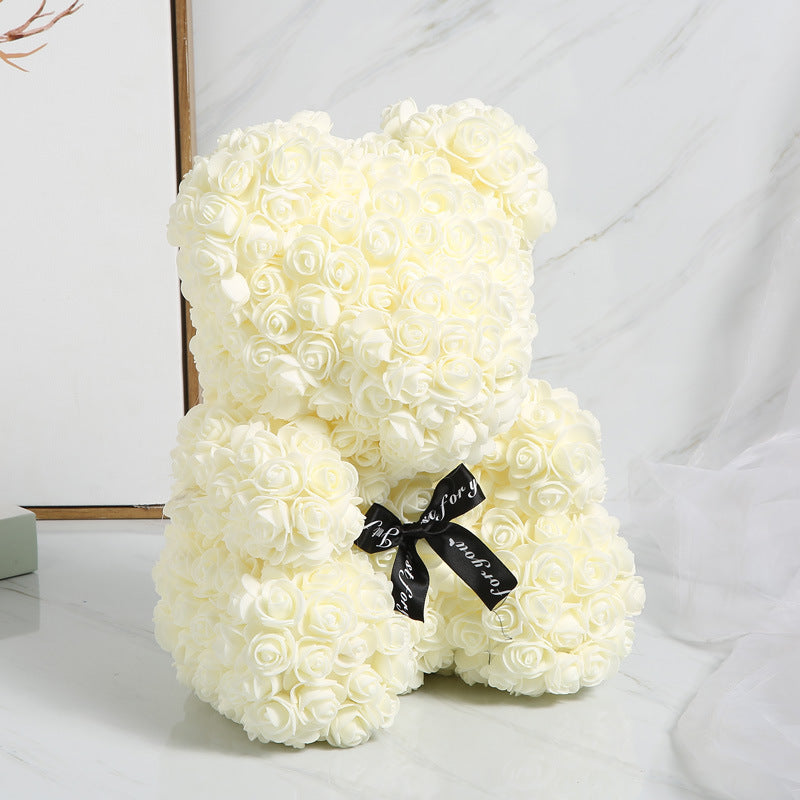 Milk White rose teddy bear with a black ribbon, heart necklace, thank you card, and gift box, perfect gift for her
