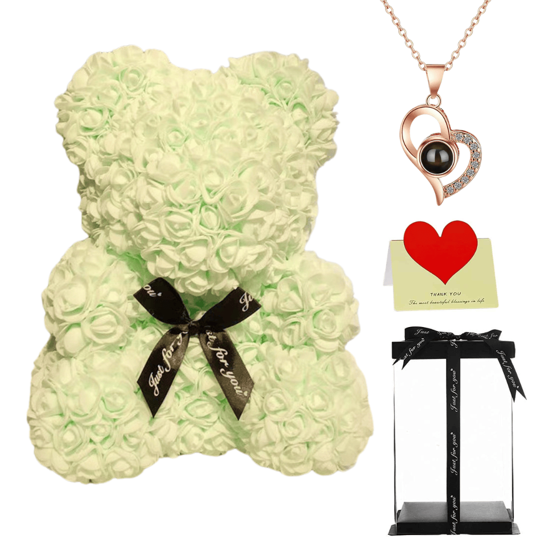 Milk White teddy bear with a black ribbon, heart necklace, thank you card, and gift box, perfect gift for her