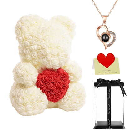 Milk White rose bear with necklace, perfect gift for women, girlfriends, or mothers on Valentine's Day, anniversaries, or birthdays