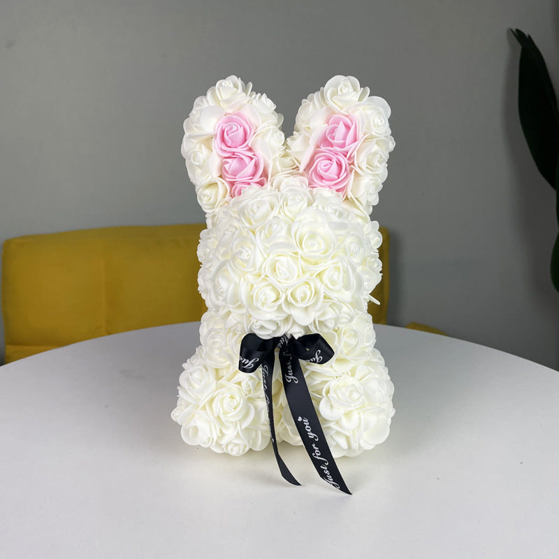 Floral bunny gift with artificial roses, charming decor piece