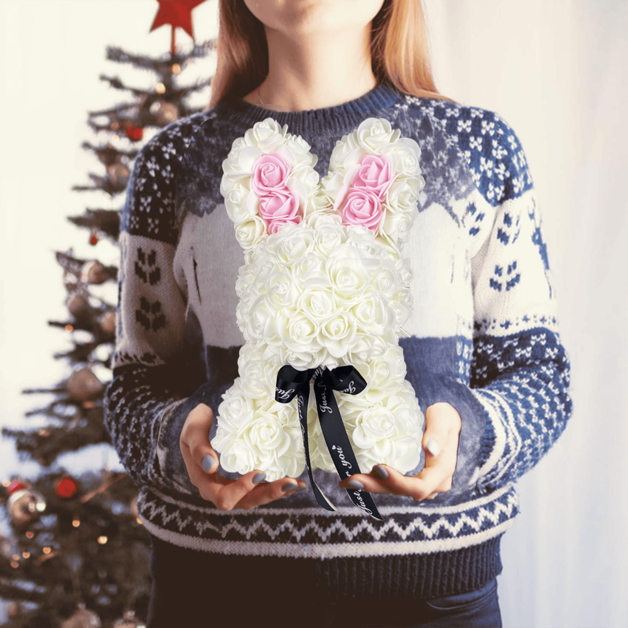 Milk White floral bunny with roses, white accents, ribbon, and a love card, ideal for Easter, gifting to girlfriends, wives, and for anniversaries or special occasions