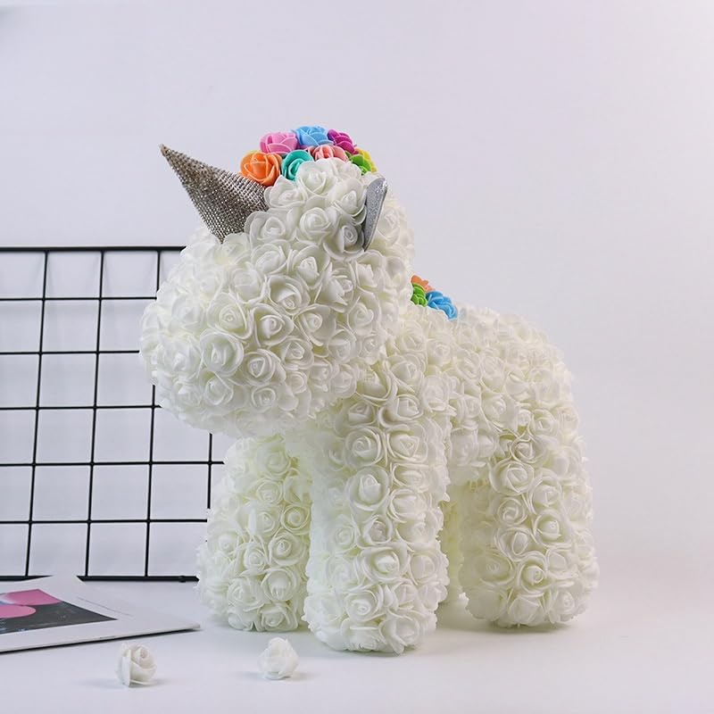 Milk White rose unicorn sculpture made with artificial flowers, ideal for children's rooms, baby showers, or as a whimsical gift for unicorn lovers