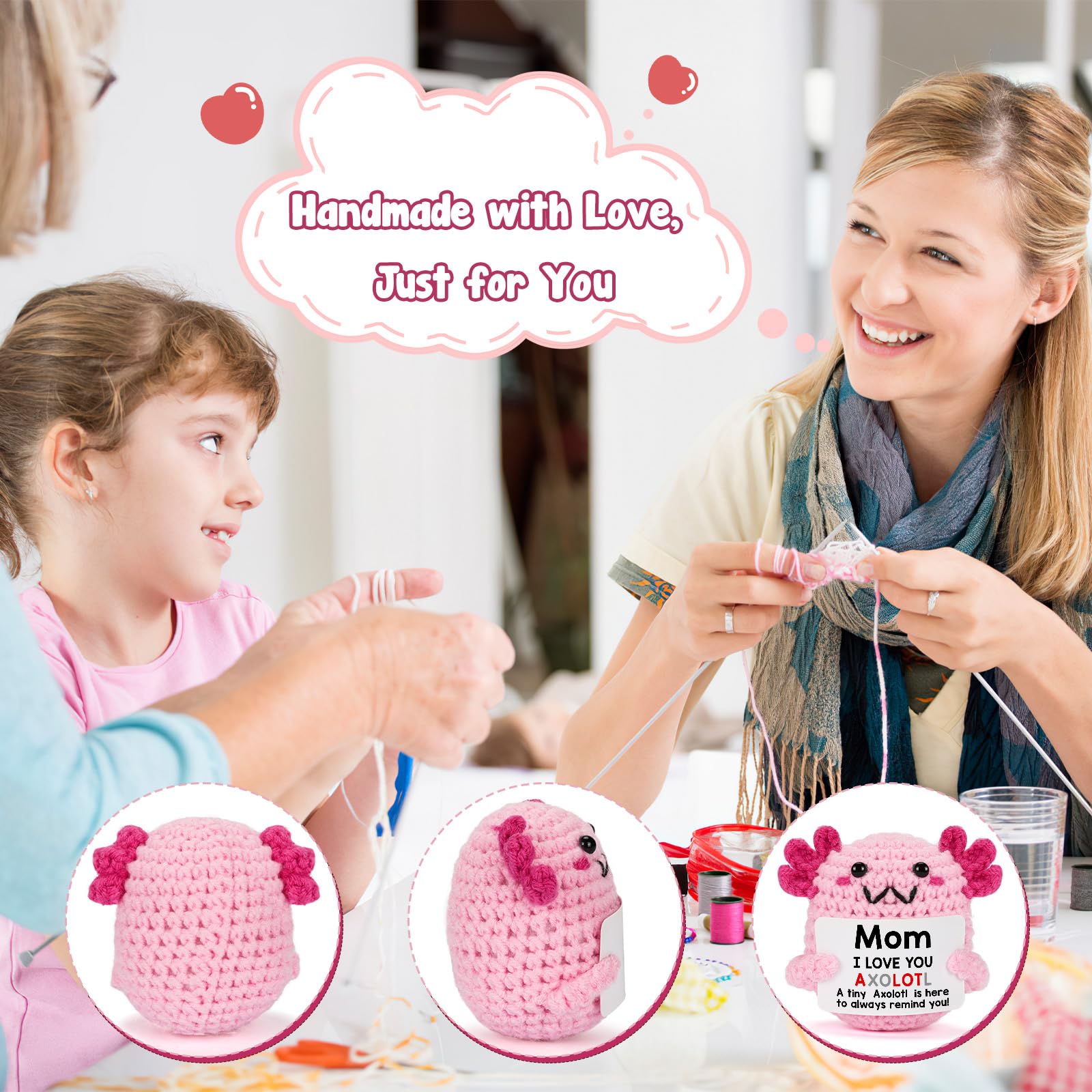 Handmade Axolotl Crochet Plush with Message Card – Cute Personalized Gift for Mom, Daughter, Sister, Grandma & Best Friend