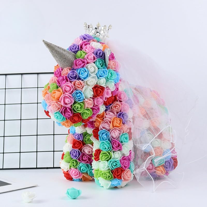 MultiColor rose unicorn sculpture made with artificial flowers, ideal for kids, teens, or unicorn enthusiasts, perfect for birthdays and room decor