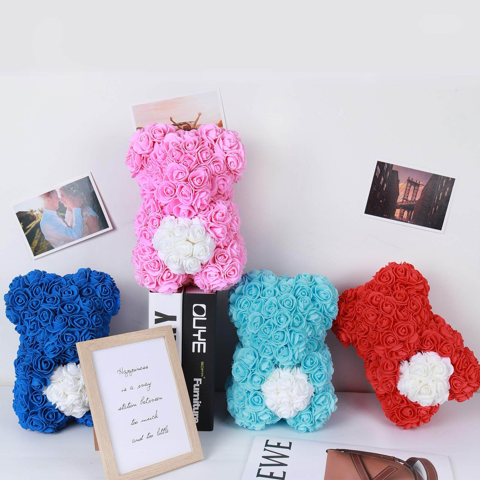 Handmade rose teddy bear with heart and lights, perfect for adding a cozy ambiance to your room.