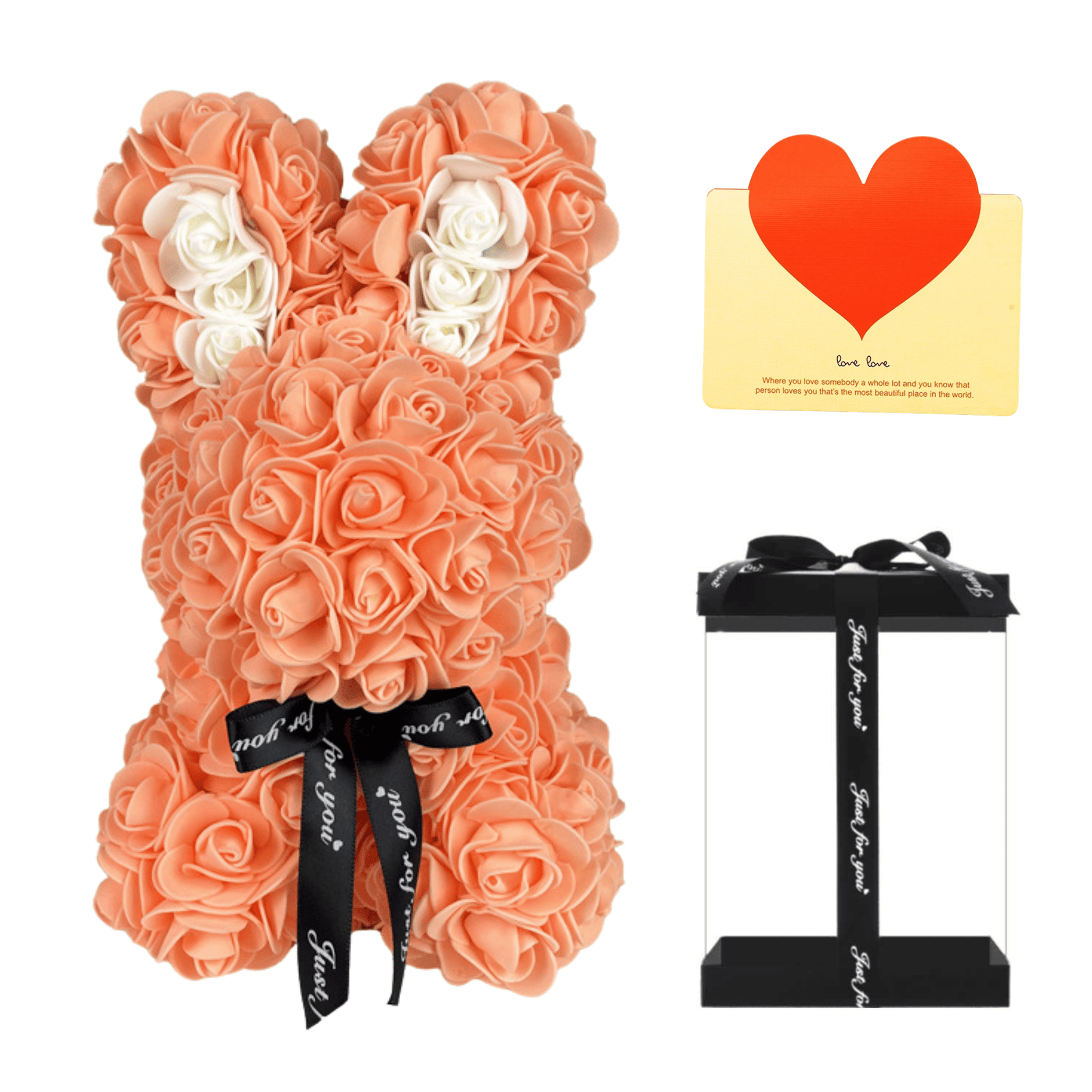 Orange floral bunny with roses, white accents, ribbon, and a love card, ideal for Easter, gifting to girlfriends, wives, and for anniversaries or special occasions