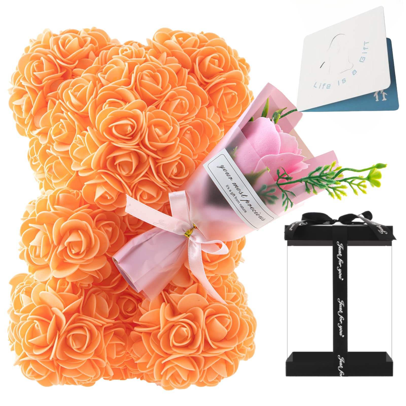 Orange rose teddy bear with bouquet, crafted from artificial roses, a vibrant and cheerful gift for any occasion like birthdays, baby showers, or holiday season.