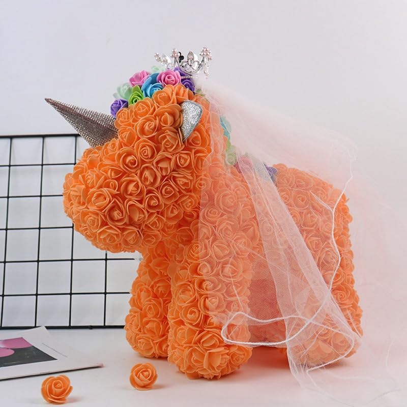 Orange rose unicorn sculpture made with artificial flowers, ideal for kids, teens, or unicorn enthusiasts, perfect for birthdays and room decor