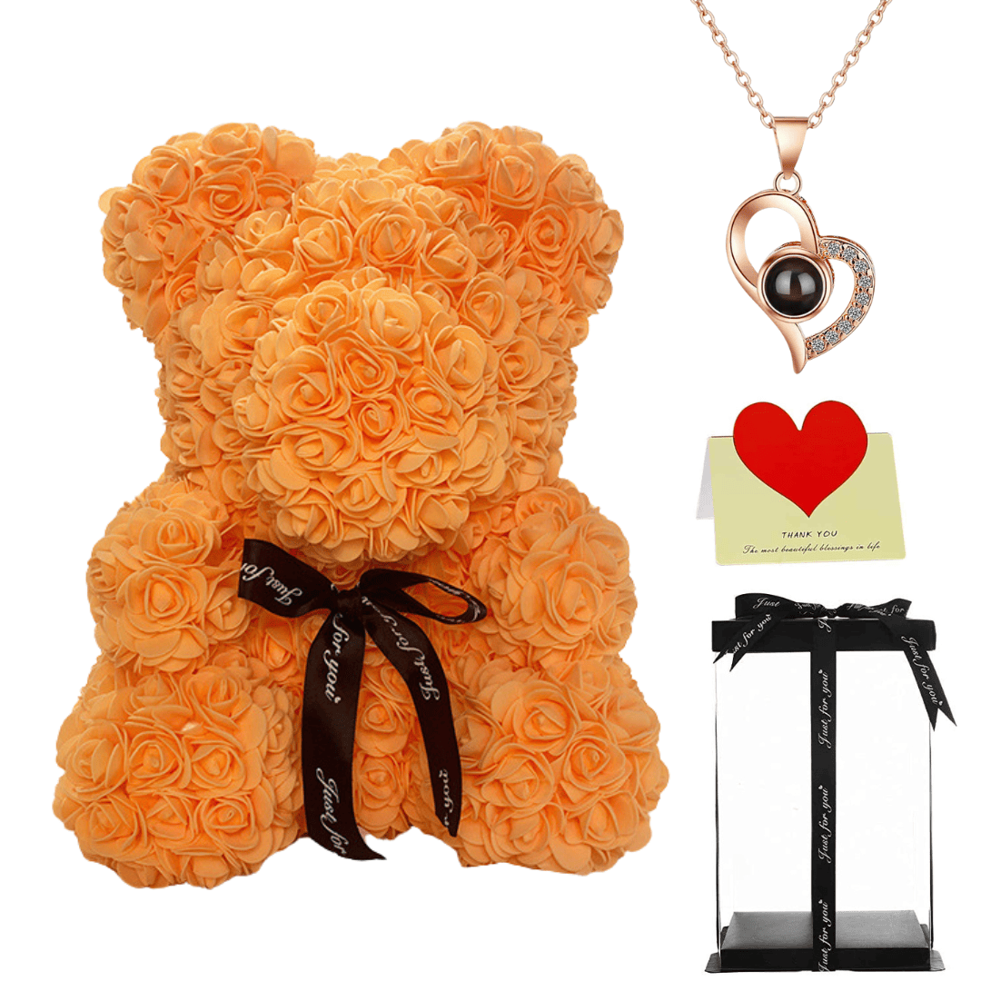 Orange rose teddy bear with a black ribbon, heart necklace, thank you card, and gift box, perfect gift for her