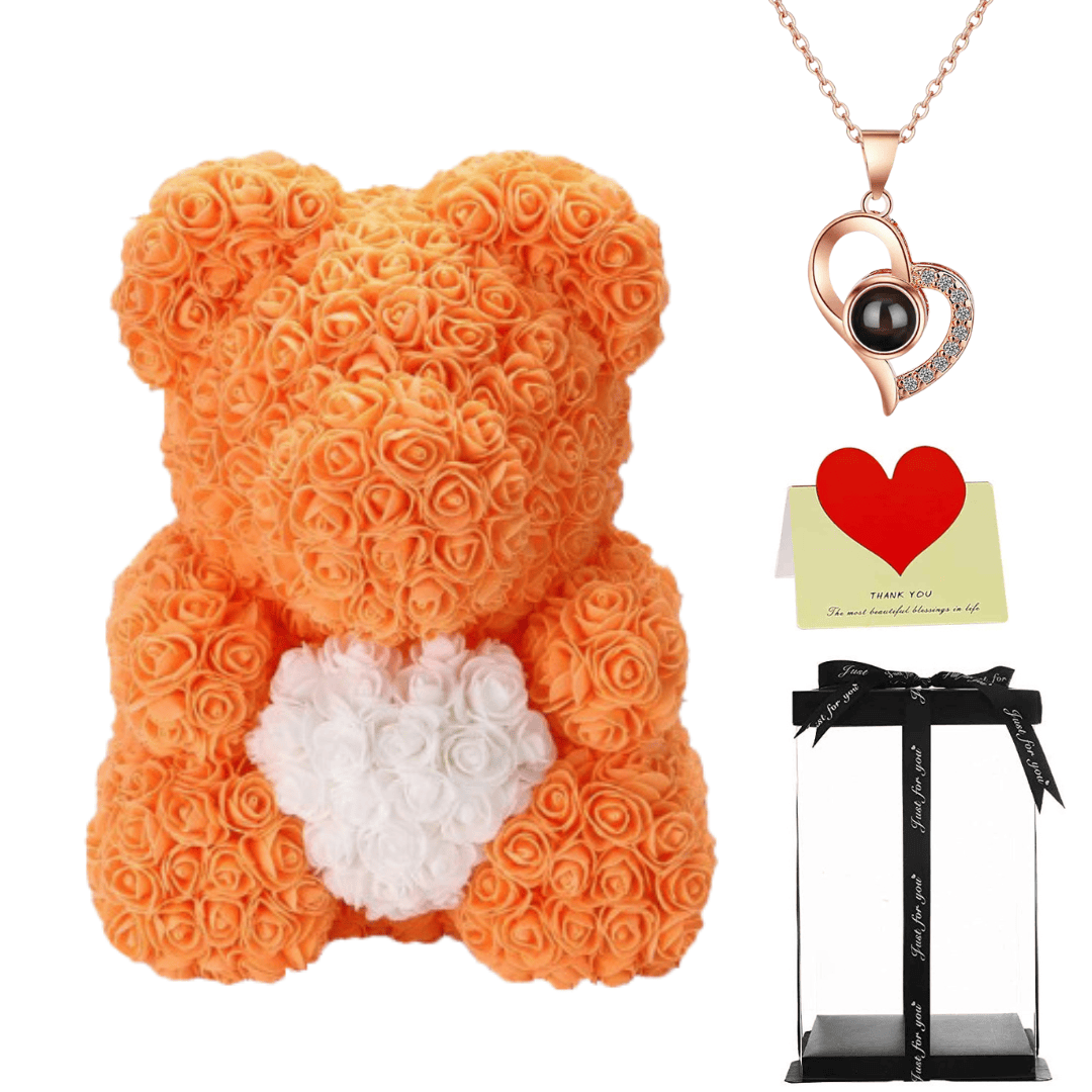 Orange rose bear with necklace, perfect gift for women, girlfriends, or mothers on Valentine's Day, anniversaries, or birthdays