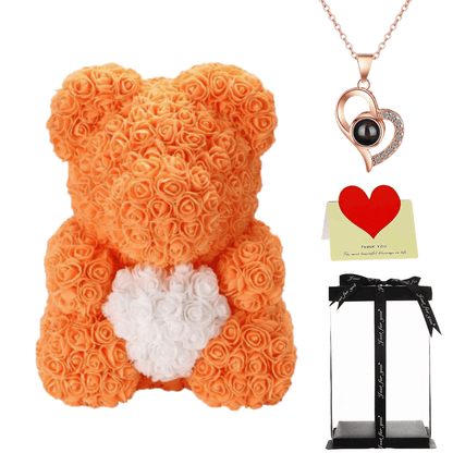 Orange rose bear with necklace, perfect gift for women, girlfriends, or mothers on Valentine's Day, anniversaries, or birthdays