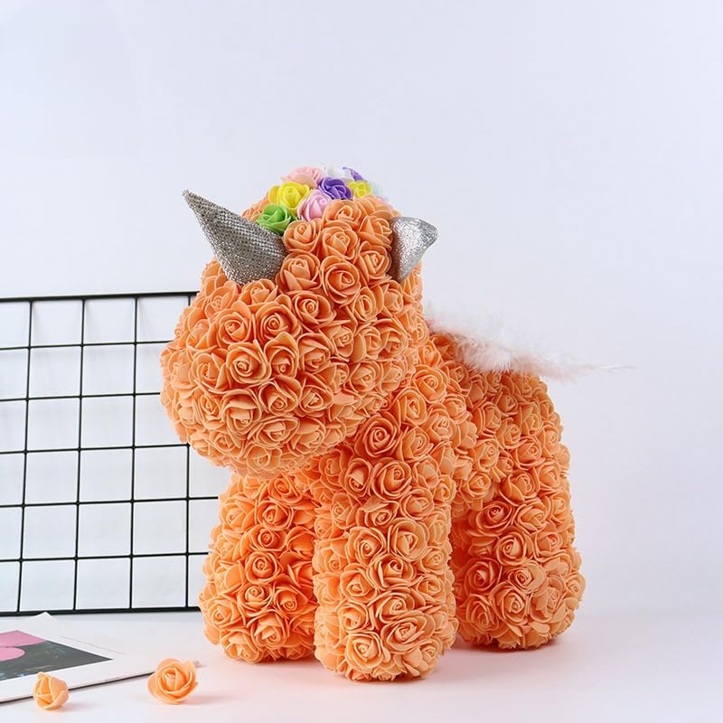 Orange rose unicorn sculpture made with artificial flowers, perfect for home decor, gifts, and special occasions like birthdays