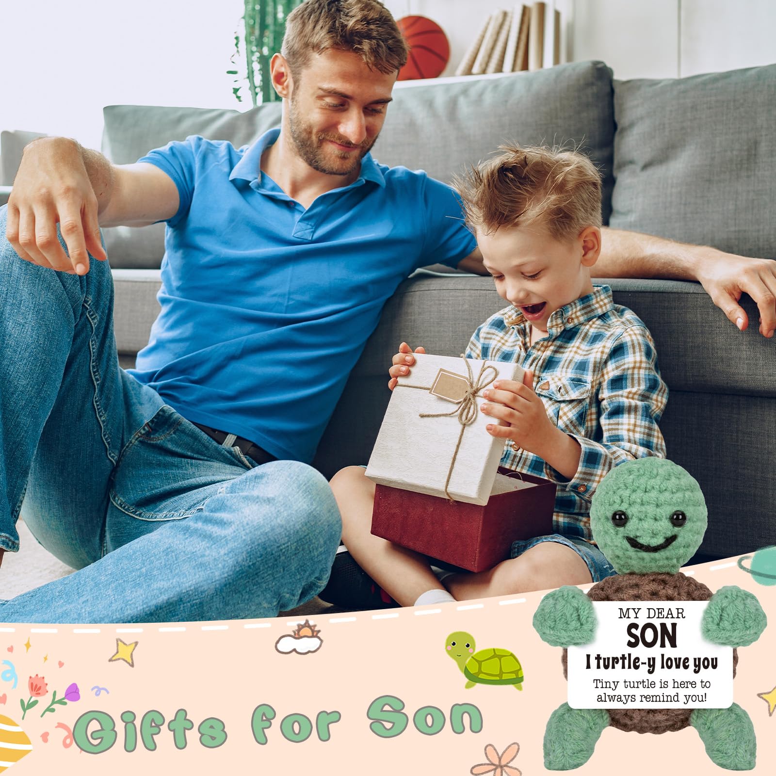 Father and son with crochet turtle plush – sweet bonding gift idea with handmade love and charm