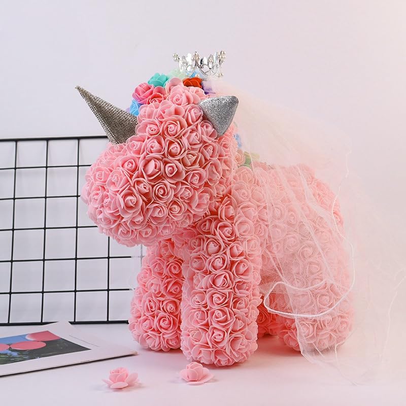 Peach rose unicorn sculpture made with artificial flowers, ideal for kids, teens, or unicorn enthusiasts, perfect for birthdays and room decor