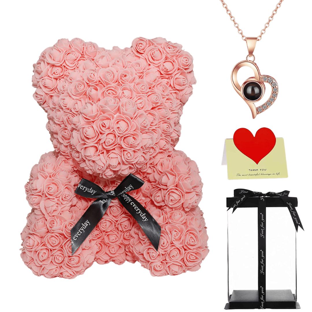 Peach teddy bear with a black ribbon, heart necklace, thank you card, and gift box, perfect gift for her