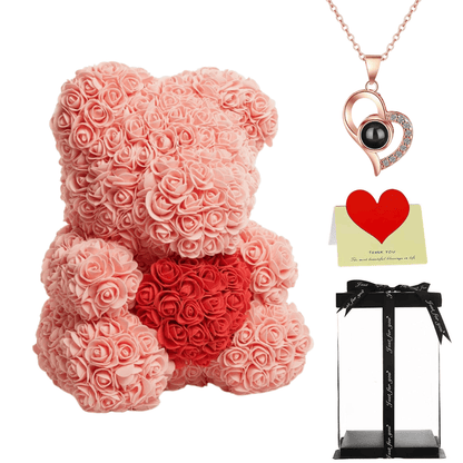 Peach rose bear with necklace, perfect gift for women, girlfriends, or mothers on Valentine's Day, anniversaries, or birthdays