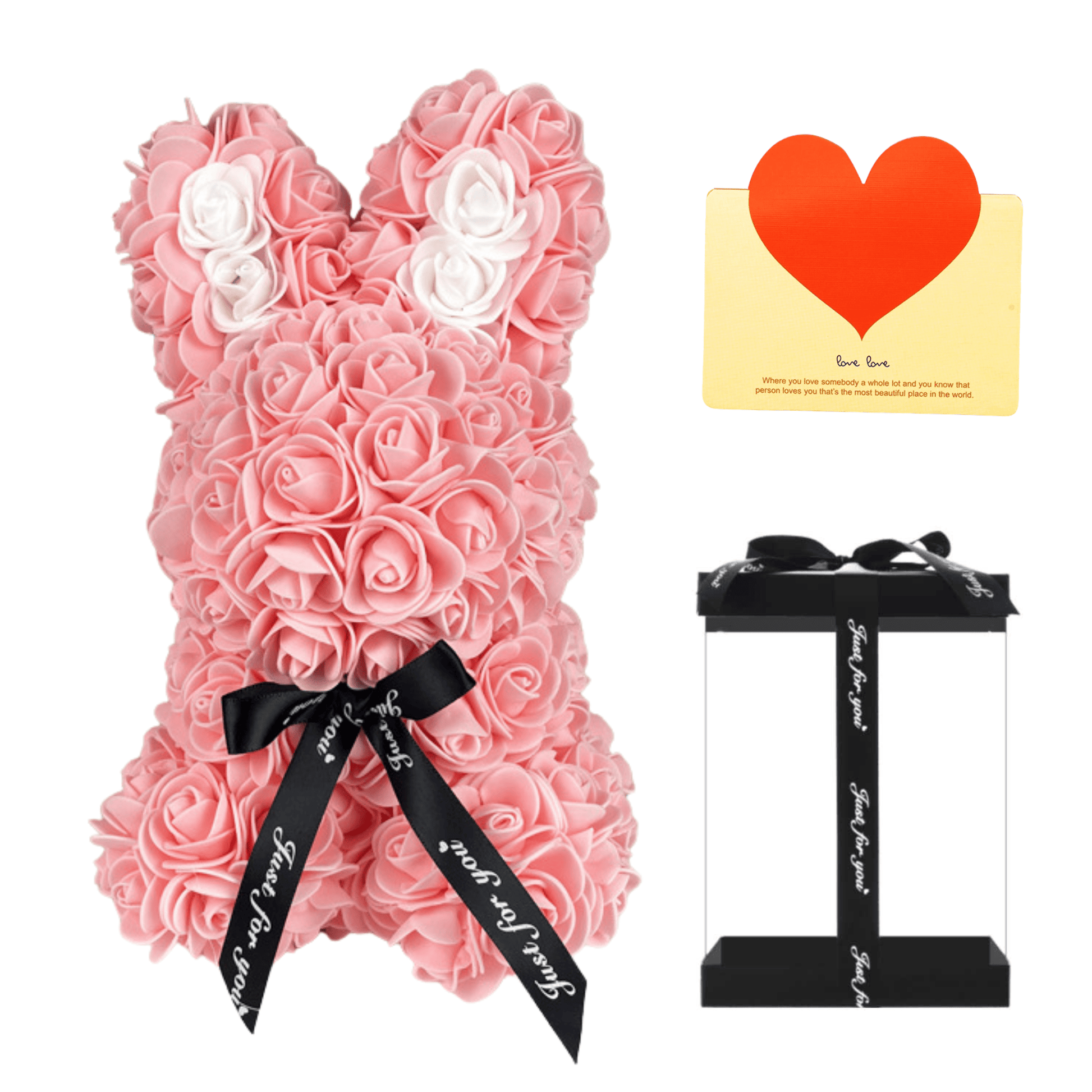 Peach floral bunny with roses, white accents, ribbon, and a love card, ideal for Easter, gifting to girlfriends, wives, and for anniversaries or special occasions