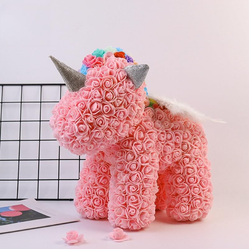 Peach rose unicorn sculpture made with artificial flowers, perfect for home decor, gifts, and special occasions like birthdays