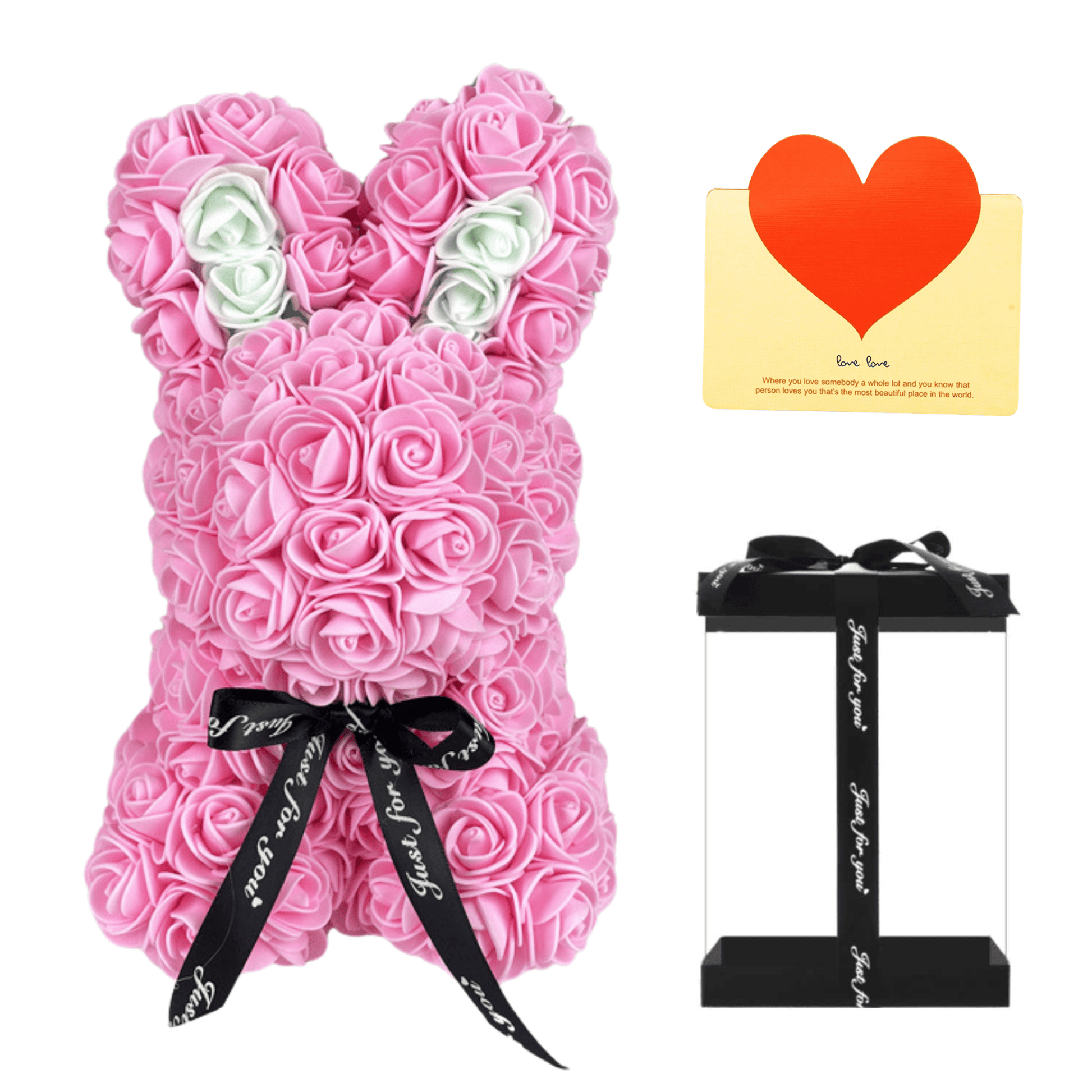 Pink floral bunny with roses, white accents, ribbon, and a love card, ideal for Easter, gifting to girlfriends, wives, and for anniversaries or special occasions