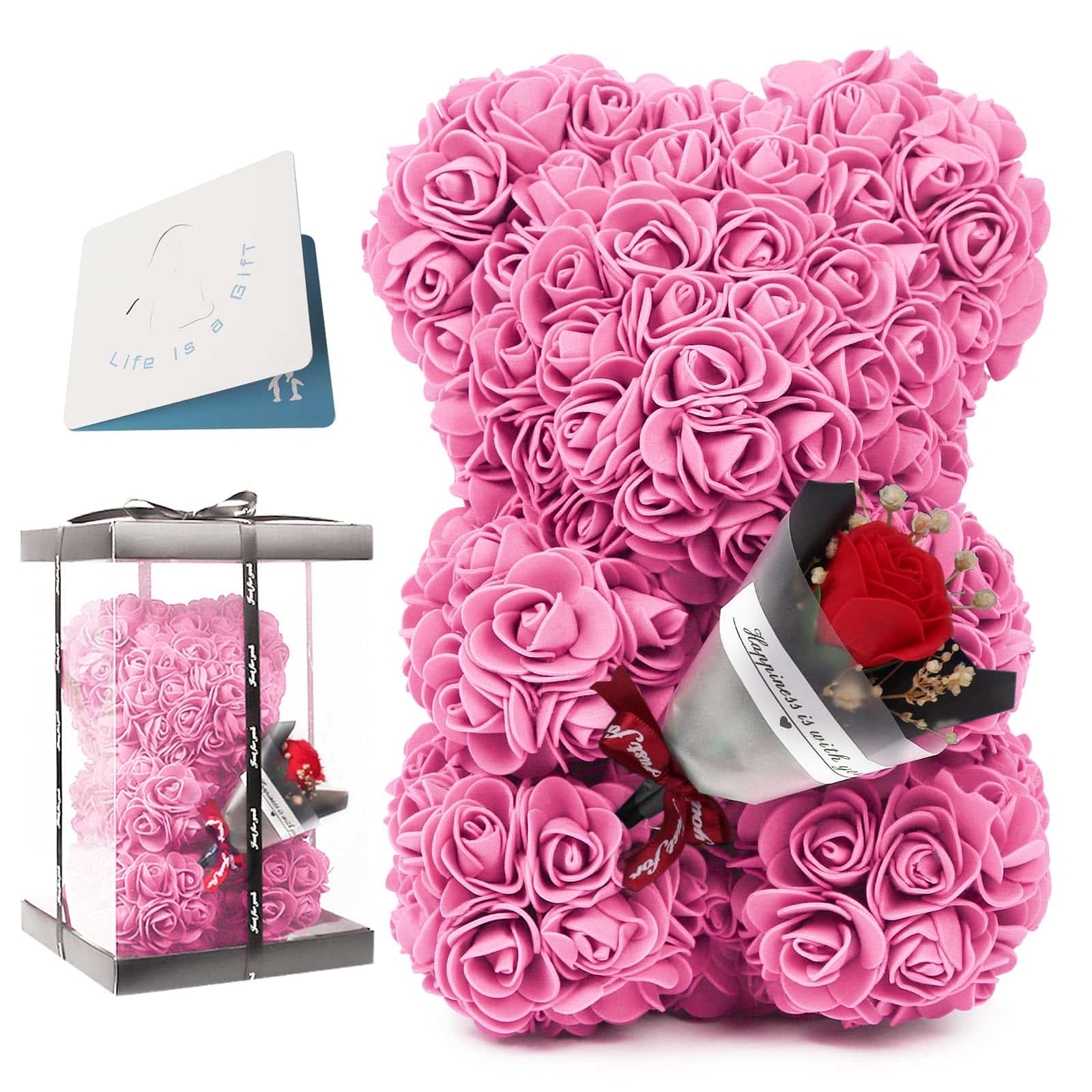 Pink rose teddy bear with bouquet, made from artificial roses, a classic and romantic gift for special occasions like Valentine's Day, weddings, or birthdays.
