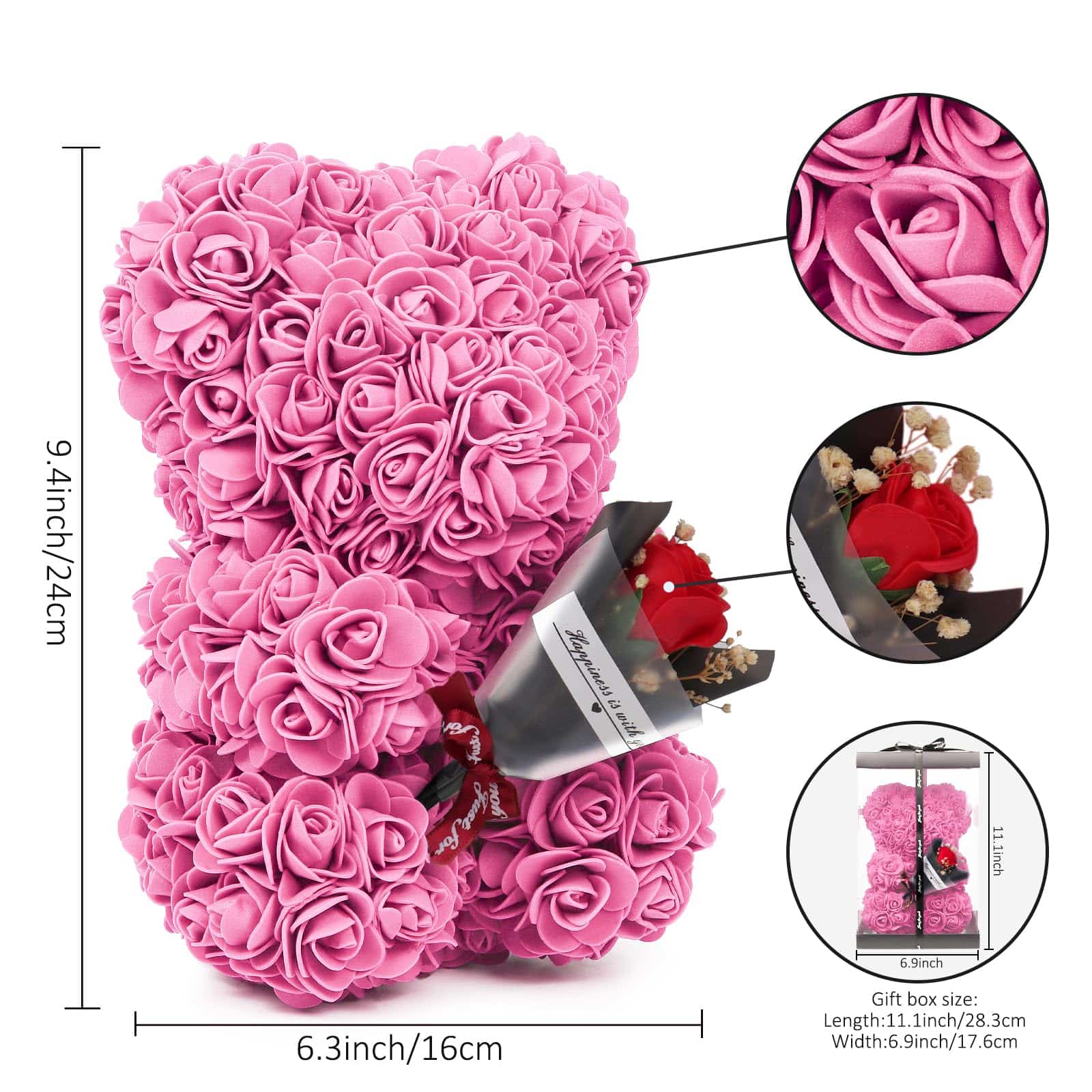 Charming pink artificial rose teddy bear holding a bouquet, ideal for anniversaries, weddings, housewarmings, or celebrations.