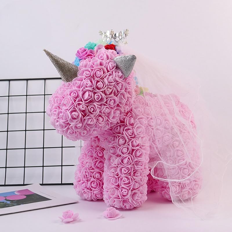 Pink rose unicorn sculpture made with artificial flowers, ideal for kids, teens, or unicorn enthusiasts, perfect for birthdays and room decor
