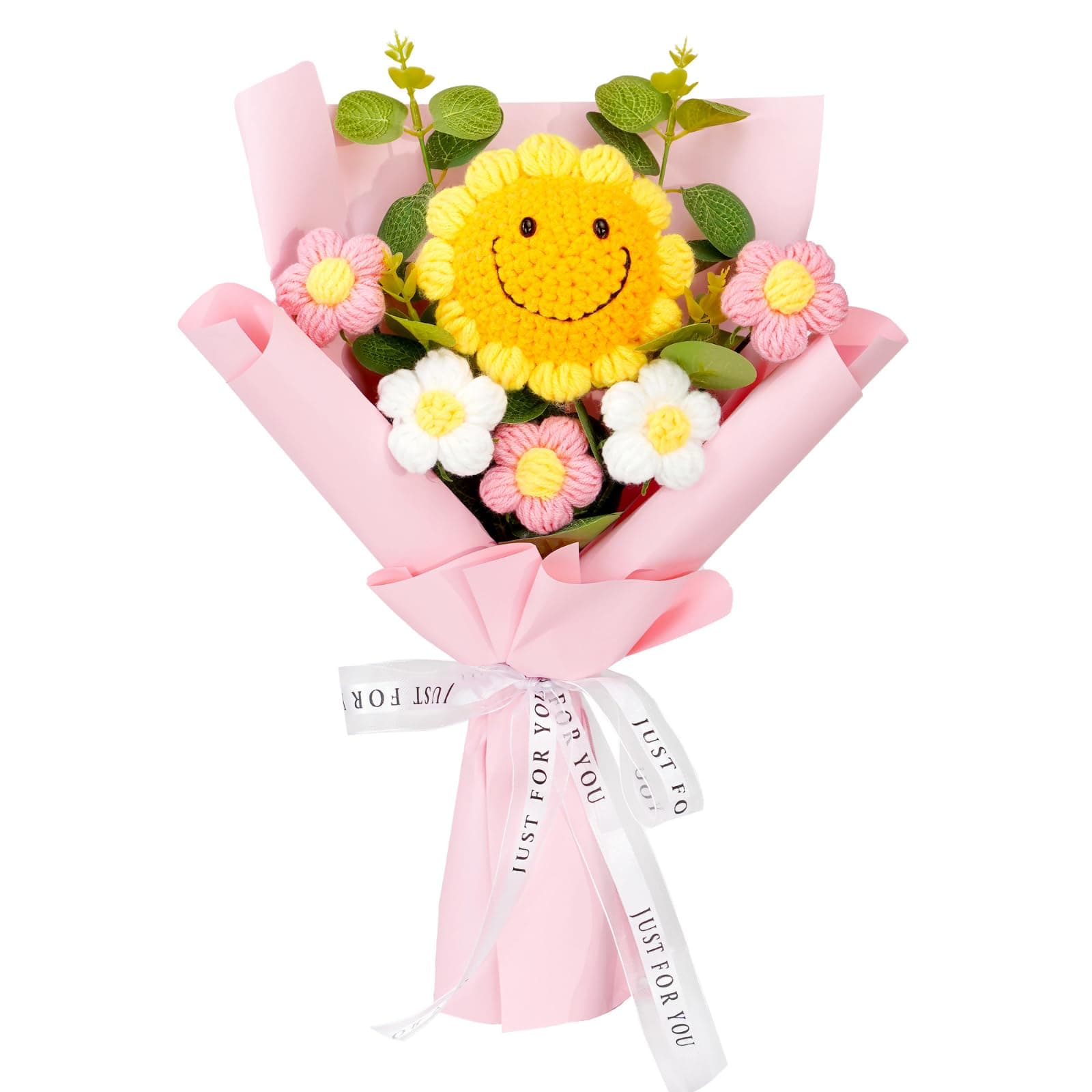 Artistic hand-woven sunflower and rose bouquet, ideal for anniversaries and birthdays.