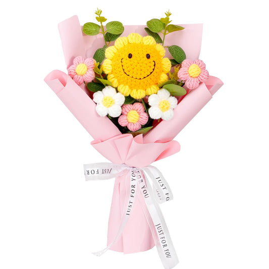 Artistic hand-woven sunflower and rose bouquet, ideal for anniversaries and birthdays.