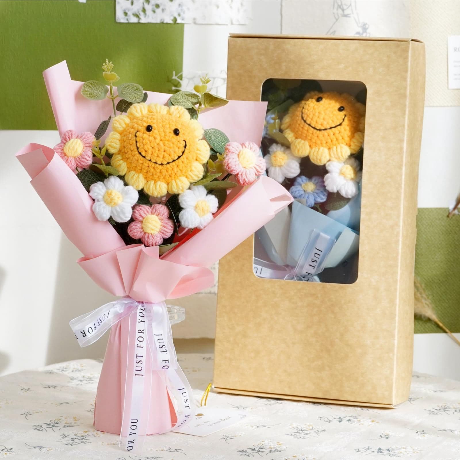 Colorful hand-woven sunflower and rose bouquet, designed for memorable gifts.