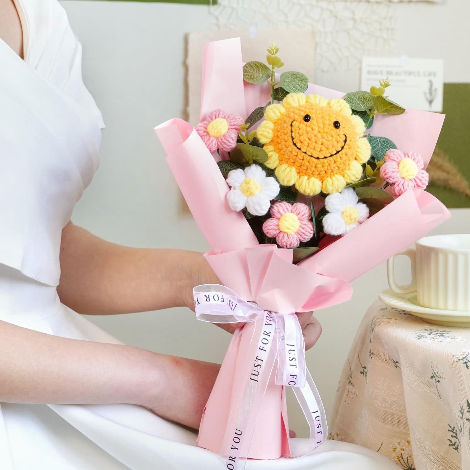 Elegant hand-woven sunflower and rose bouquet, ideal for thank you gifts.