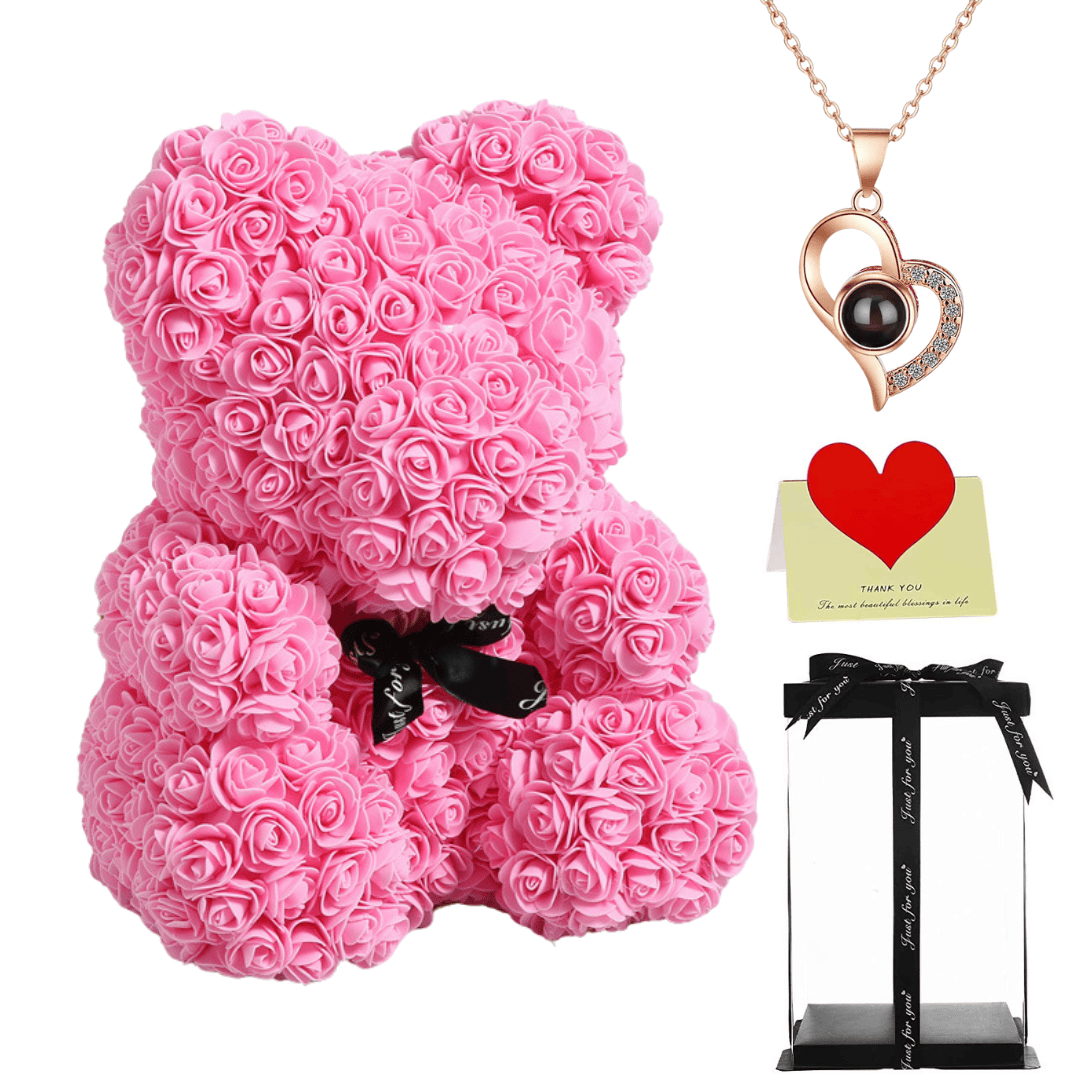 Pink teddy bear with a black ribbon, heart necklace, thank you card, and gift box, perfect gift for her