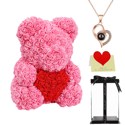 Pink Rose bear with necklace, perfect gift for women, girlfriends, or mothers on Valentine's Day, anniversaries, or birthdays