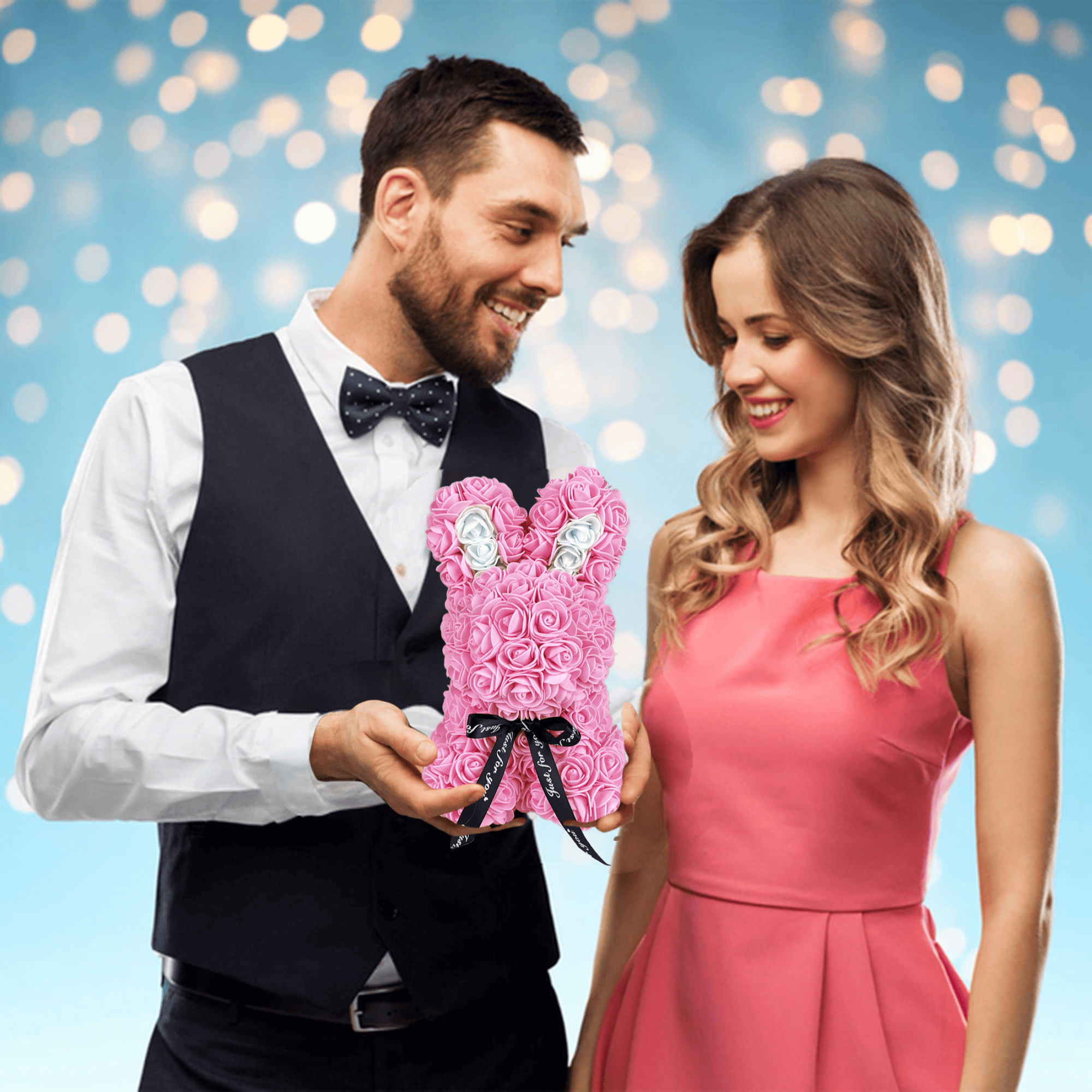 Pink floral bunny with roses, white accents, ribbon, and a love card, ideal for Easter, gifting to girlfriends, wives, and for anniversaries or special occasions