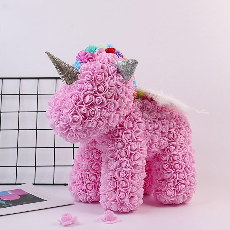 Pink rose unicorn sculpture made with artificial flowers, perfect for home decor, gifts, and special occasions like birthdays