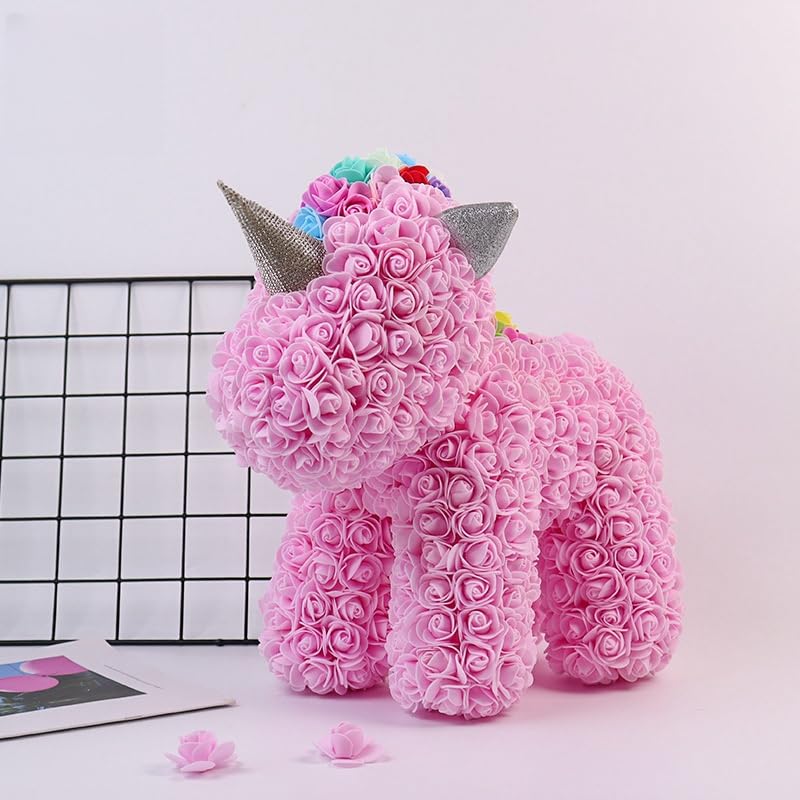 Pink rose unicorn sculpture made with artificial flowers, ideal for children's rooms, baby showers, or as a whimsical gift for unicorn lovers