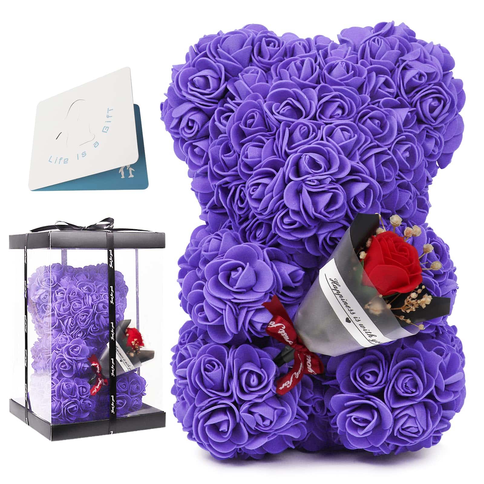 Purple rose teddy bear with bouquet, crafted from artificial roses, a unique and elegant gift for any occasion like weddings, holiday season, or birthdays.