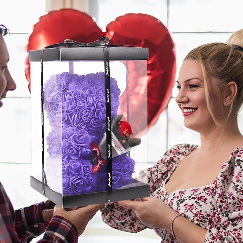 Purple artificial rose teddy bear with bouquet, a beautiful and graceful gift for loved ones on special occasions like Mother's Day or wedding anniversaries.
