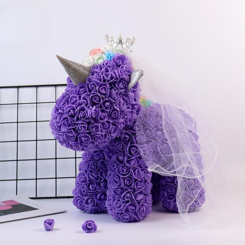 Purple rose unicorn sculpture made with artificial flowers, ideal for kids, teens, or unicorn enthusiasts, perfect for birthdays and room decor