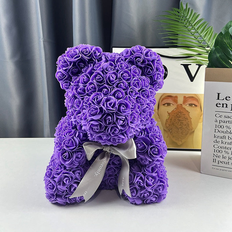 Purple rose teddy bear with a black ribbon, heart necklace, thank you card, and gift box, perfect gift for her