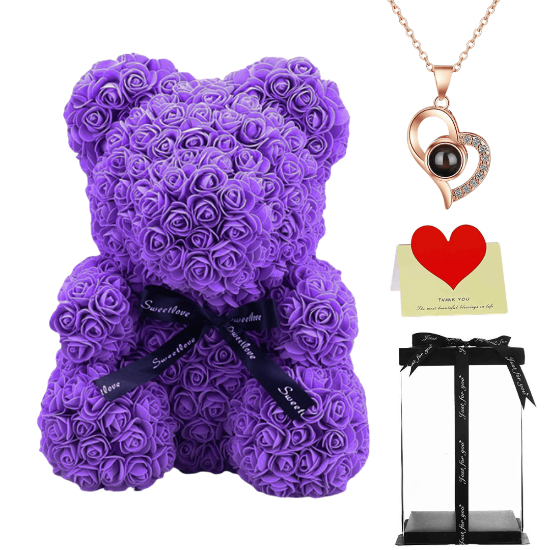 Purple teddy bear with a black ribbon, heart necklace, thank you card, and gift box, perfect gift for her