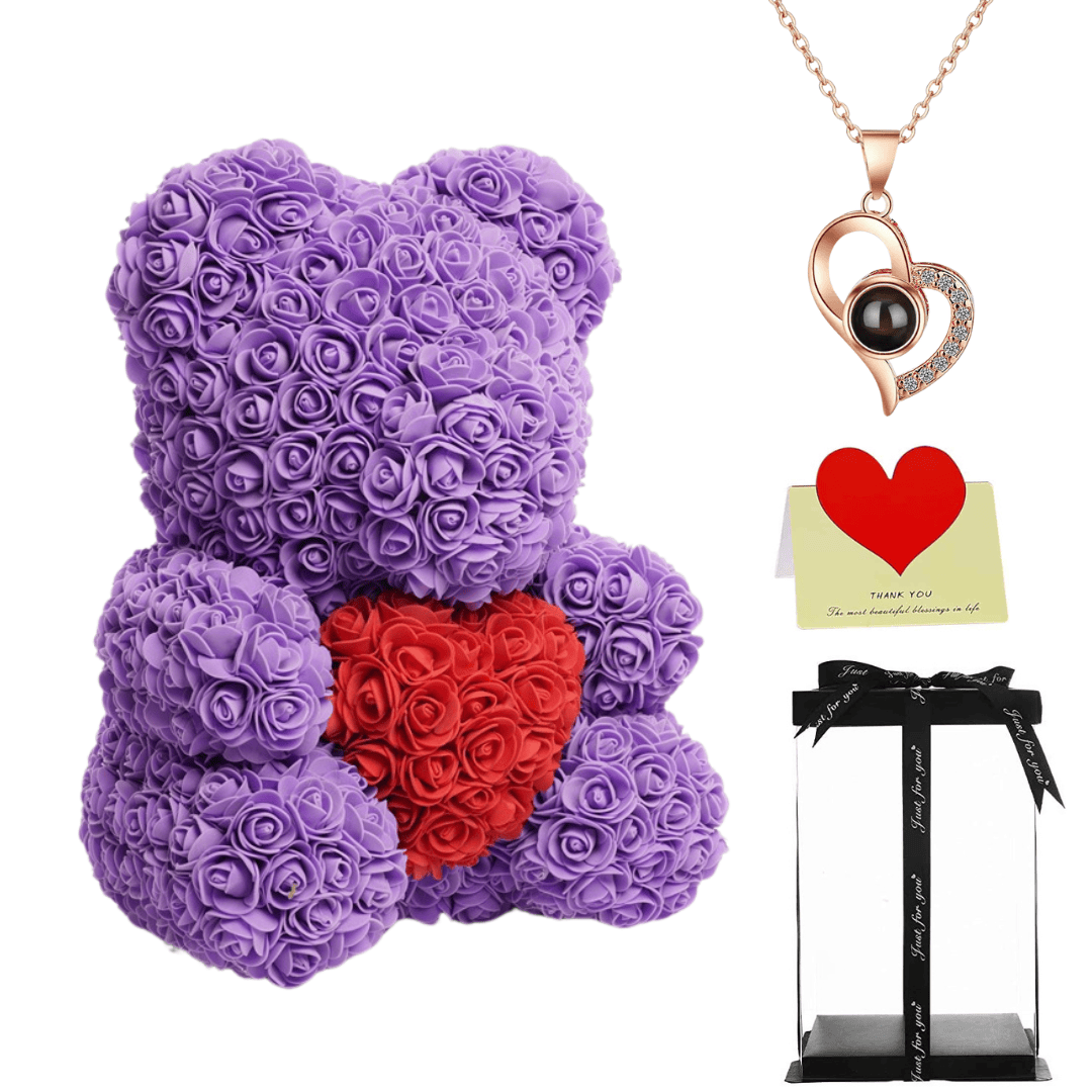 Purple rose bear with necklace, perfect gift for women, girlfriends, or mothers on Valentine's Day, anniversaries, or birthdays