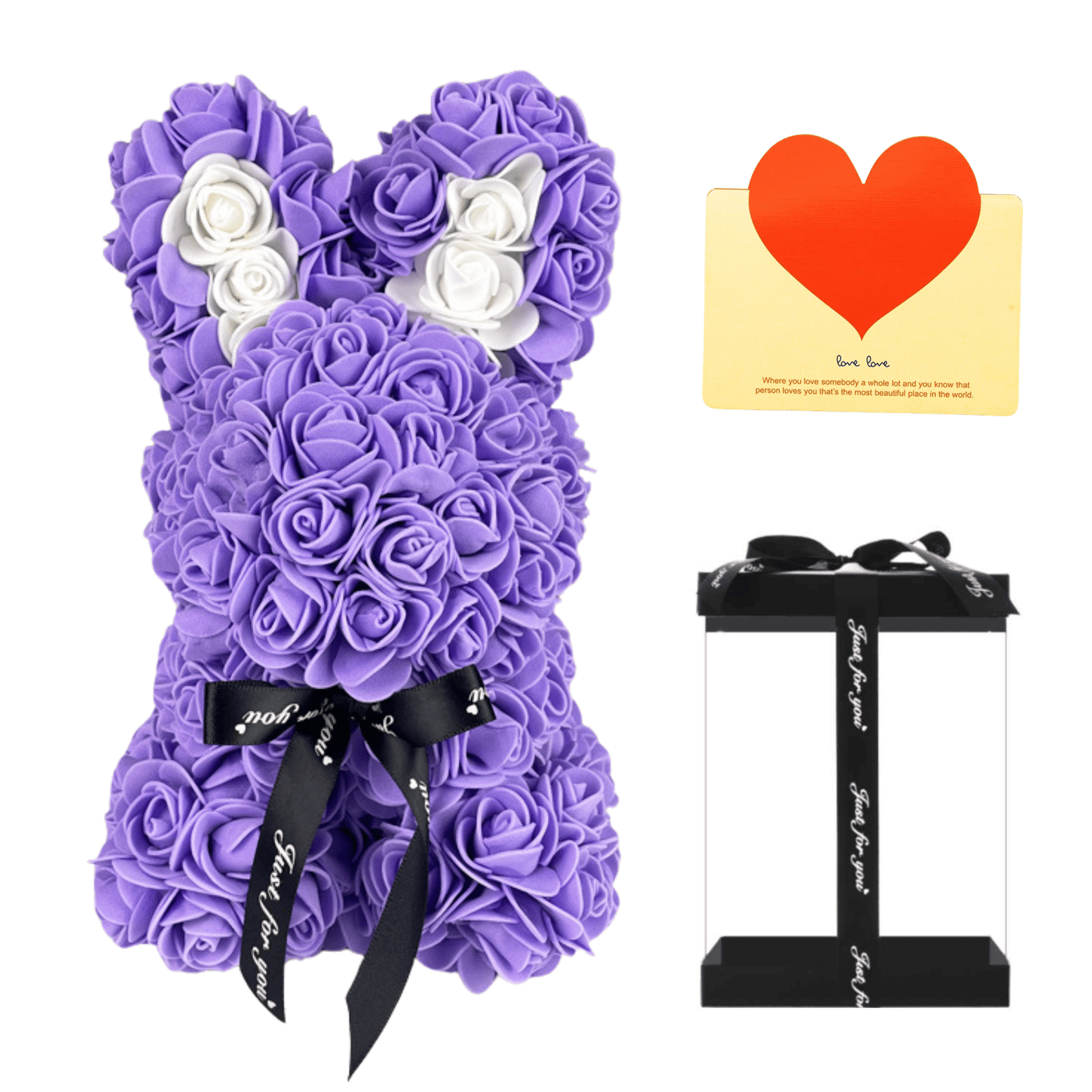 Purple floral bunny with roses, white accents, ribbon, and a love card, ideal for Easter, gifting to girlfriends, wives, and for anniversaries or special occasions