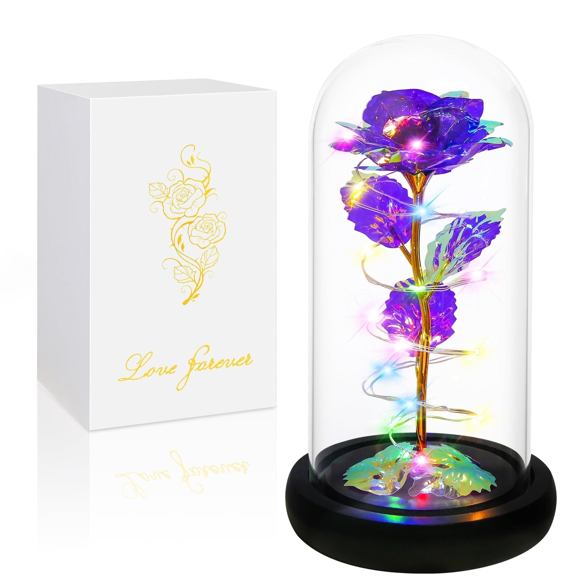 Purple eternal rose in a glass dome with LED lights, perfect for home decor and gifts.