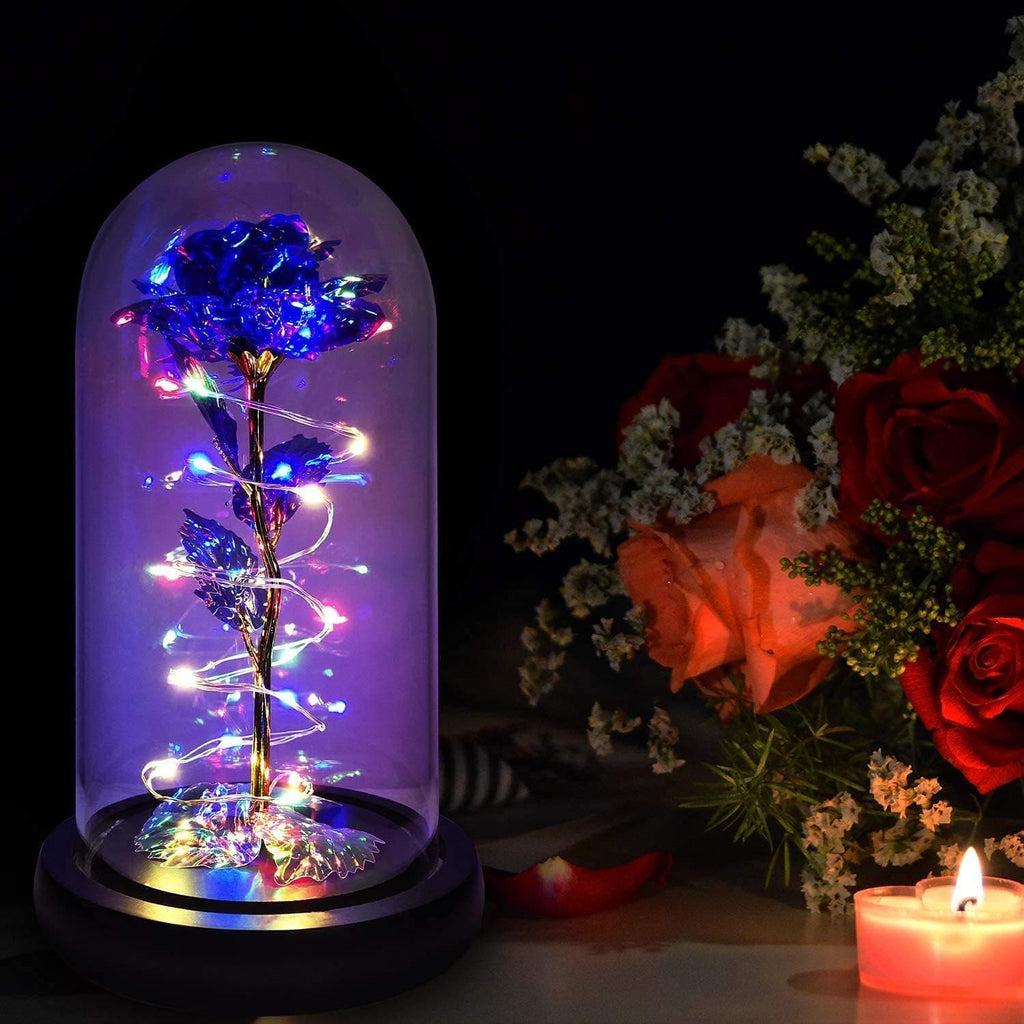 Beautiful purple rose with LED lights in a glass dome, perfect for romantic gestures.