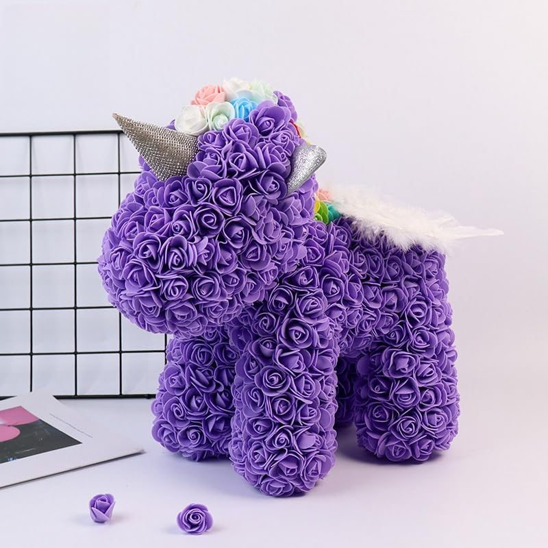 Purple rose unicorn sculpture made with artificial flowers, perfect for home decor, gifts, and special occasions like birthdays
